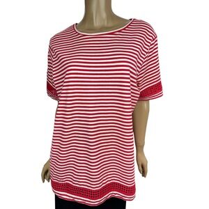 Joseph A Pullover Top Red & White Stripe Short Sleeve Size L Cotton Blend